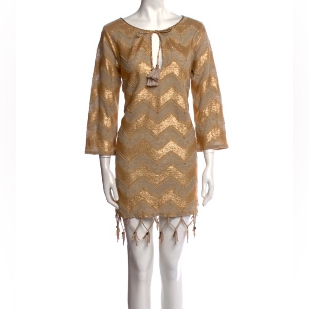 EUC Fab CALYPSO ST BARTH Linen Mini Dress W/Metallic Chevron Stripes L Gold/Flax
